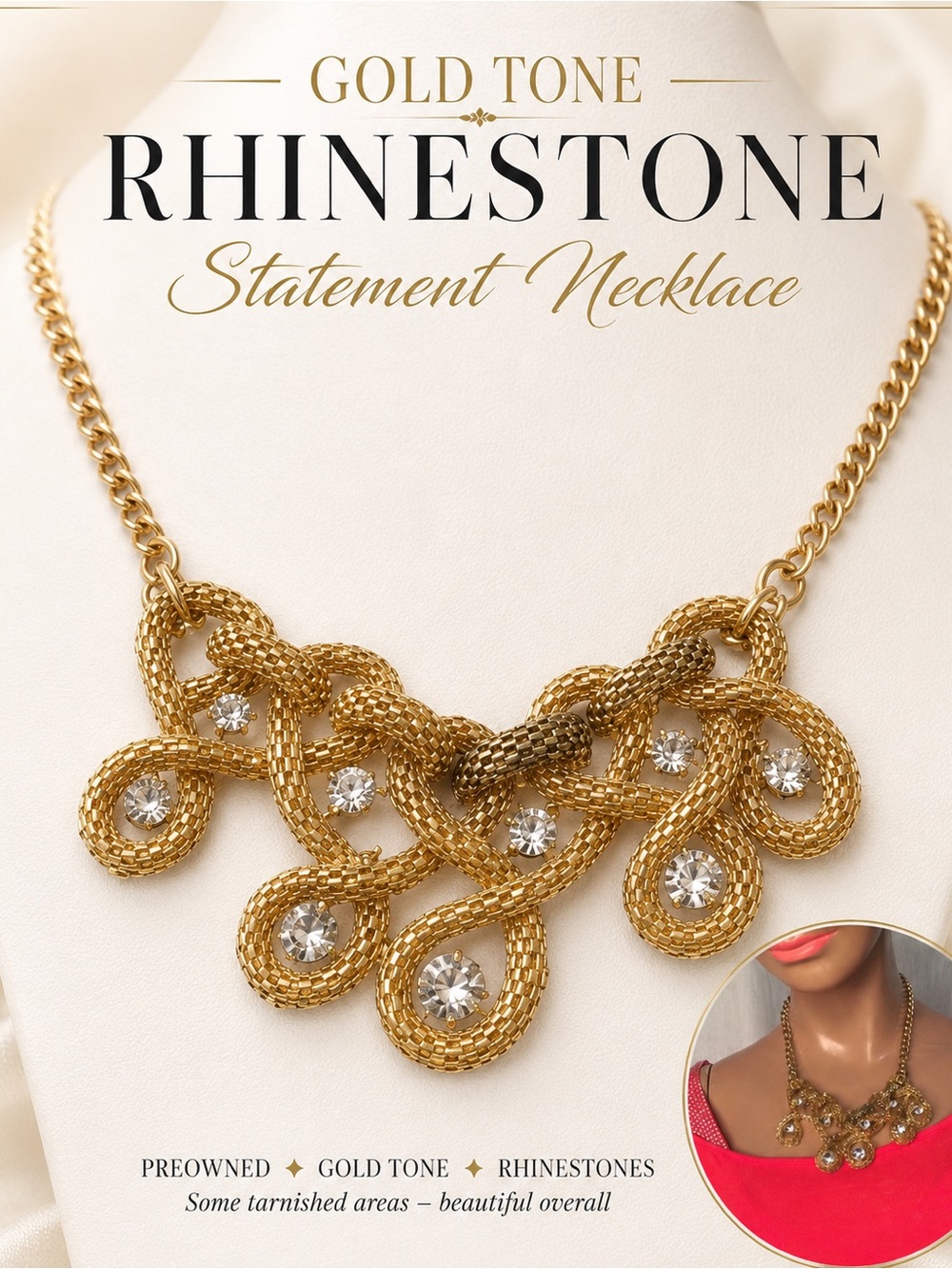 Gold Tone Rhinestone Statement Bib Necklace Chunky Crystal Jewelry